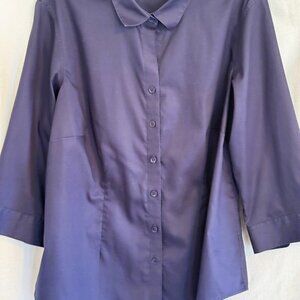 Navy Cotton No Iron Button up Blouse 3/4 Sleeve Coldwater Creek, size PXL